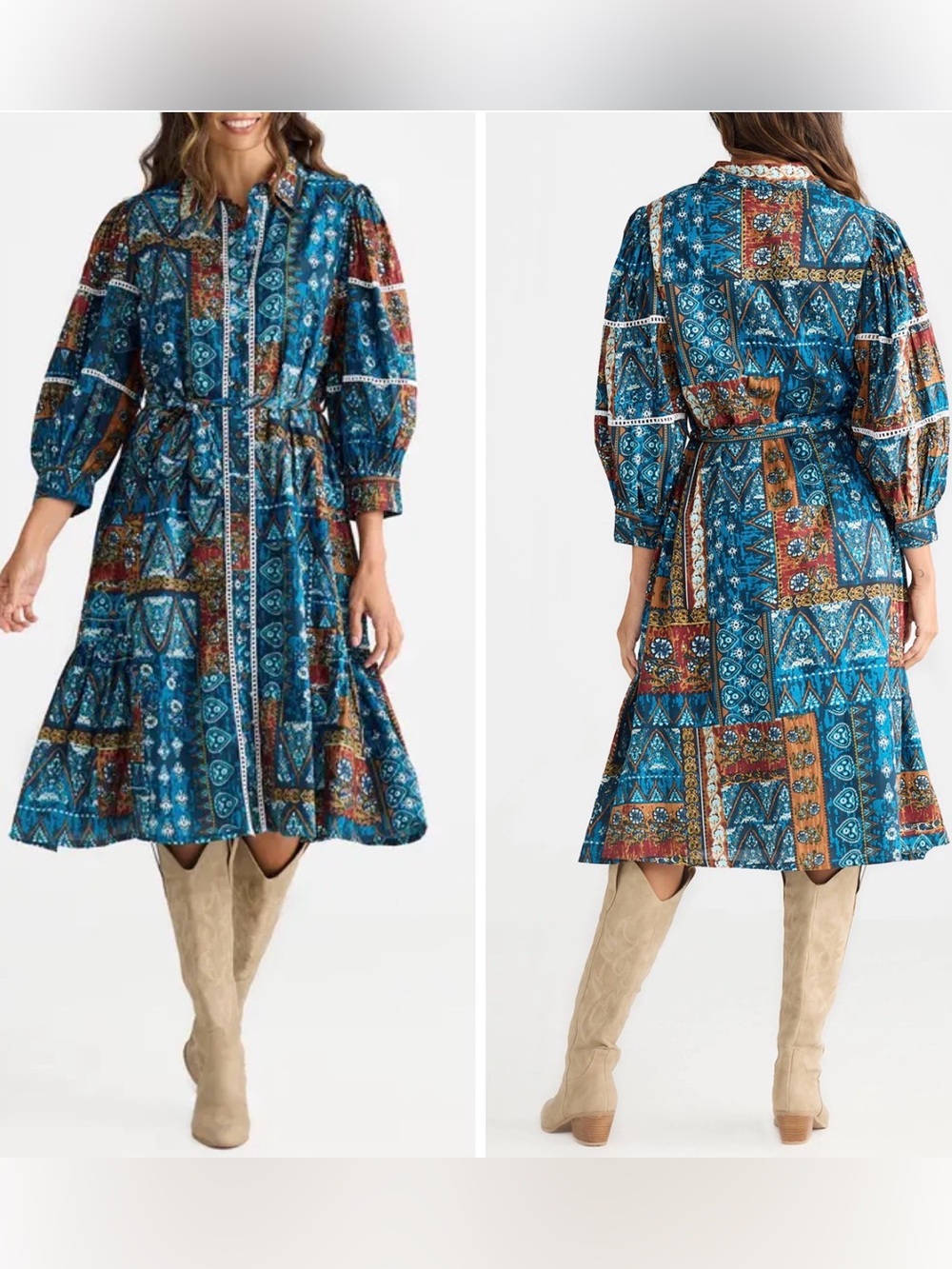 Talisman the Label Castella Patchwork Print Long Sleeve Shirtdress small NWT